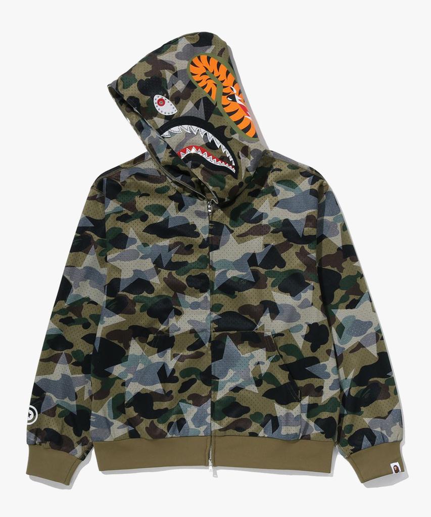 Bape Star Over Print First Camo Mesh Shark Crop Fit Full Zip Hoodie (M) Green