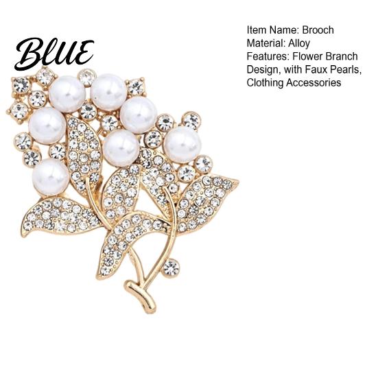 Dressy Lapel Pin Flower Branch Brooch with Faux Pearls Rhinestones, Decorative Alloy for Wedding Party, Dainty Jewelry Accessory Women Girls