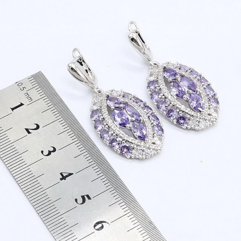 Geometrische Lila Zirkon Farb Schmucksets Für Frauen Armband Ohrringe Halskette Anhänger Ring Hochzeit Geburtstagsgeschenk