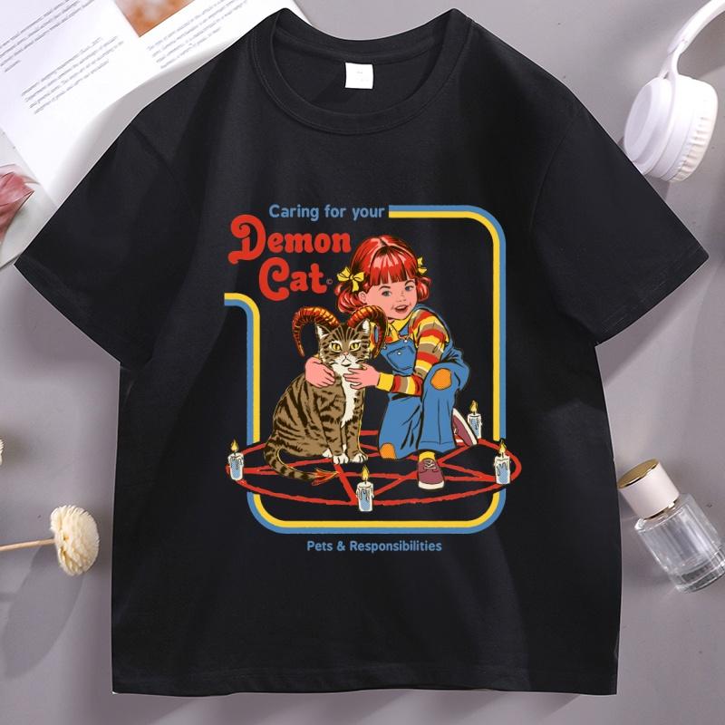 Caring for Your Demon Cat Print Tshirt Unisex Women Cotton Short Sleeve T Shirt Casual Round Neck High Quality Tshirt Streetwear