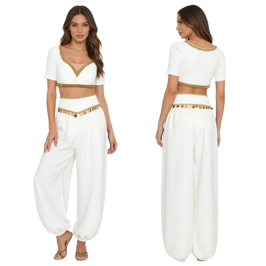 S-XXL Womens Belly Dance Outfit V Neck Short Sleeve Gold Trim Crop Top and Sequin Tassel Long Pants 2-piece Set for India Dance Folk Dance