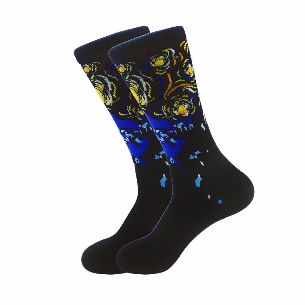 1 pair of European and American trendy socks with personalized street fashion oil painting series socks