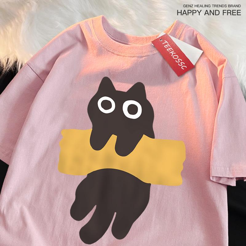 Fun Adhesive Tape Cat Print Japanese Style Short Sleeve Men Women Cotton Oversized T-Shirts Oversized O-Neck New Tops Tees