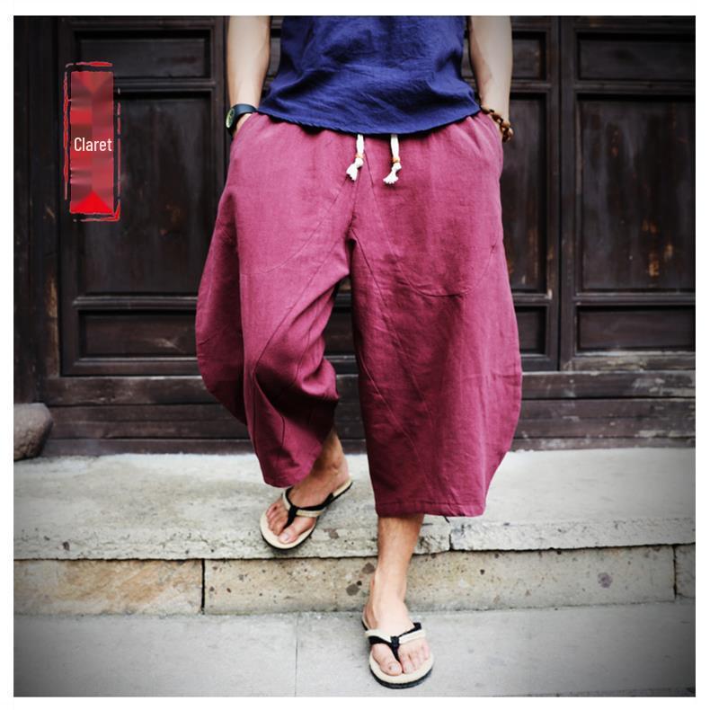 Men's Trendy Chinese-Style Wide-Leg Linen Shorts - Loose Fit, 7-Point, Summer.