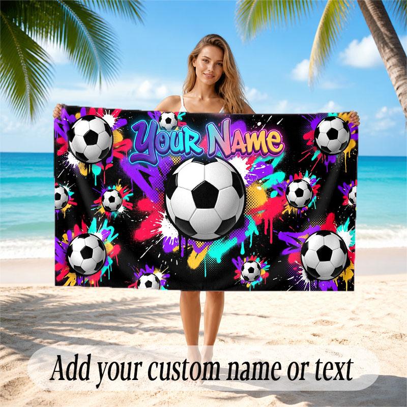 Soccer Theme Beach Towel Personalized Custom Name & Text Soft Quick Dry Beach Towel for Swimming Travel