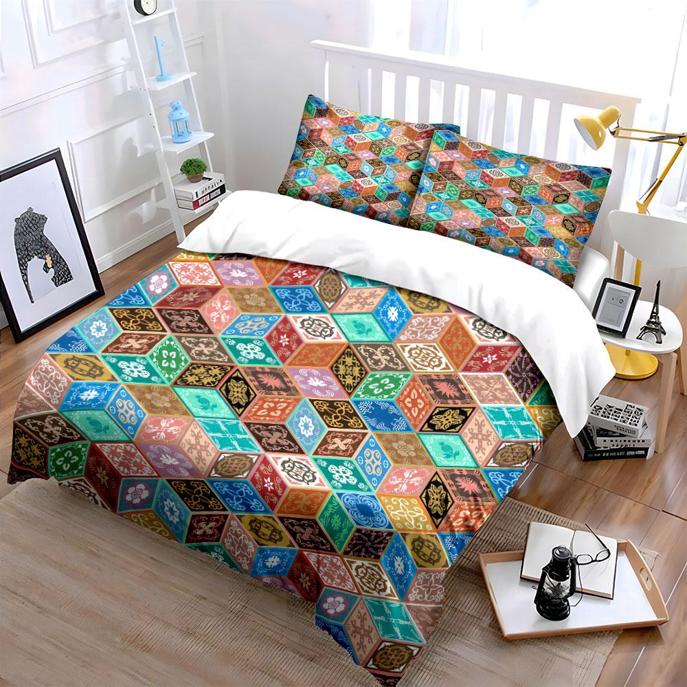Colorful geometric pattern cubes arrangement Bedding Set for Kids Luxury Gift 3pcs Digital Print Comforter Set Soft Comfortable