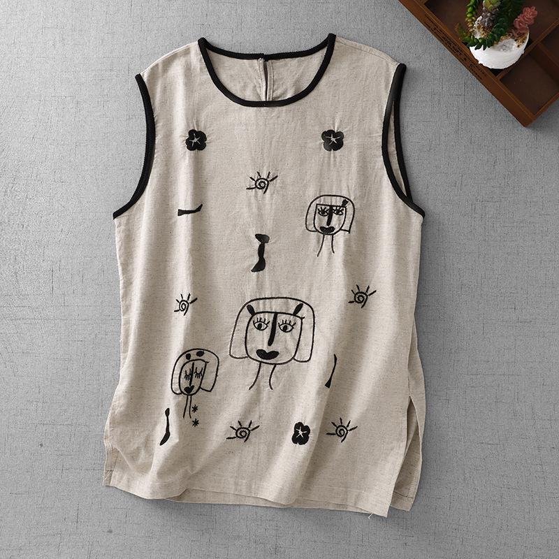 Women s Sleeveless Cotton Linen Embroidered Color Block Shirt - Trendy Summer 2026 Fashion Top Extra Large абрикосовый