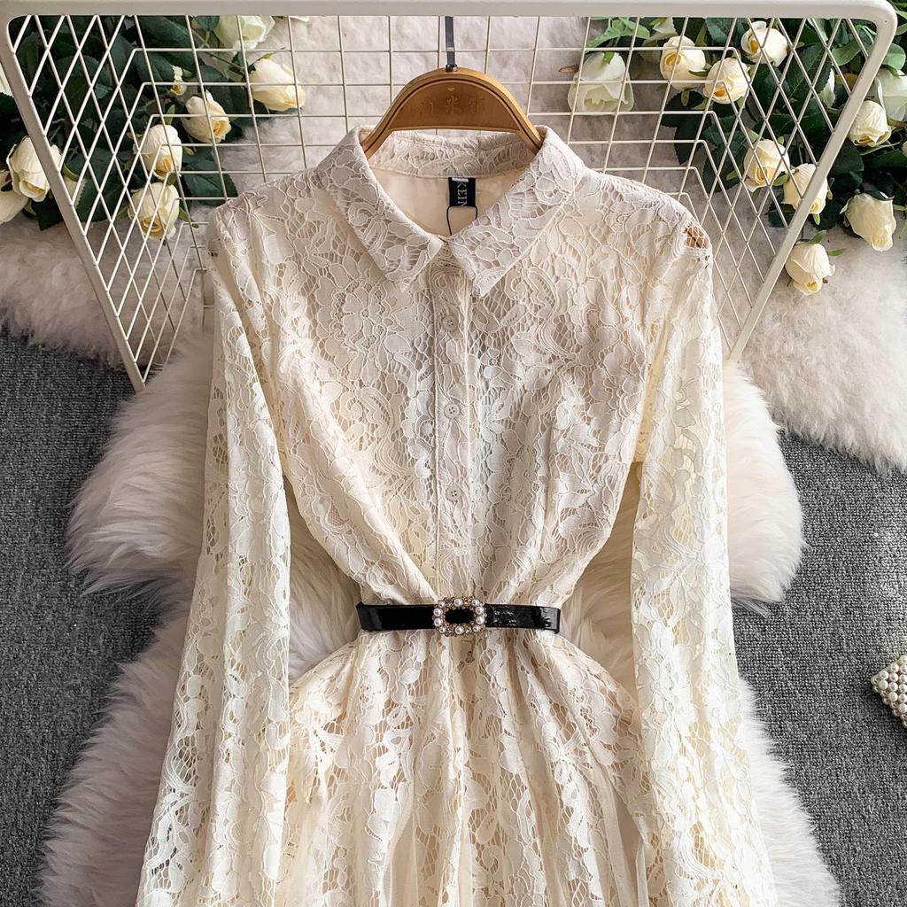 High-end chic elegant celebrity lace lapel dress women's autumn mesh stitching light luxury pendulum fairy dress