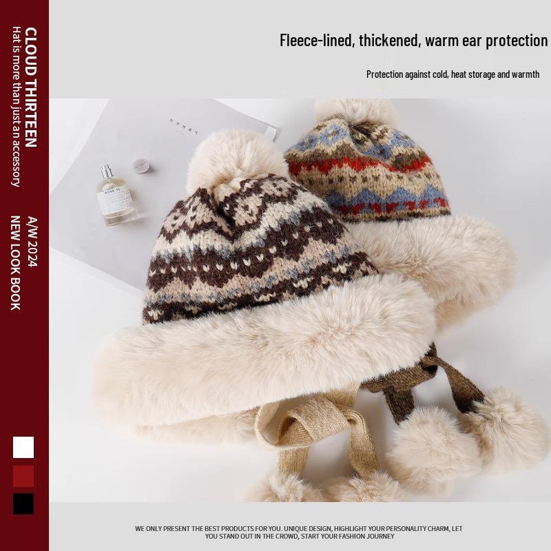 Women's Retro Ethnic Style Plush Knitted Hat – Warm, Thick, and Cold-Proof with Sweet Pompom and Ear Protection for Autumn & Winter
