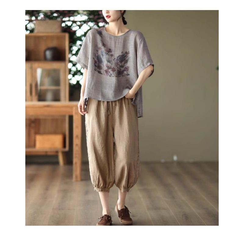 Womens Floral Print Linen Blend Loose Fit Short Sleeve Blouse