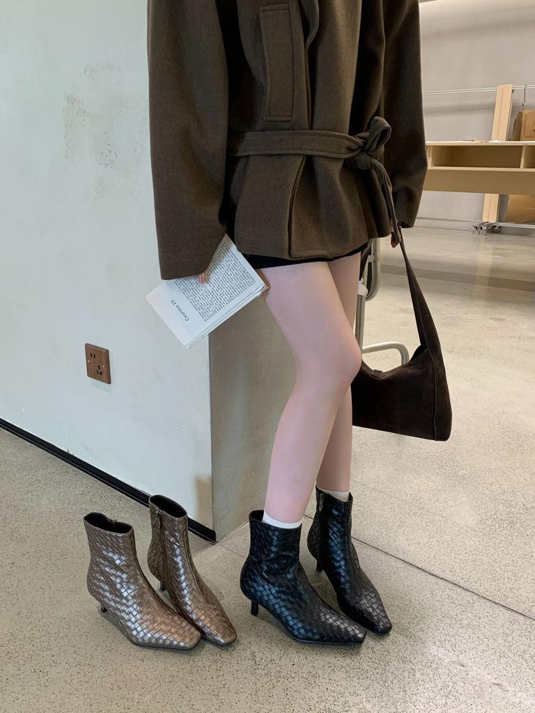 British style woven pointed-toed thin-heeled fashion boots bare boots 2025 autumn and winter new thin square-toed short boots women