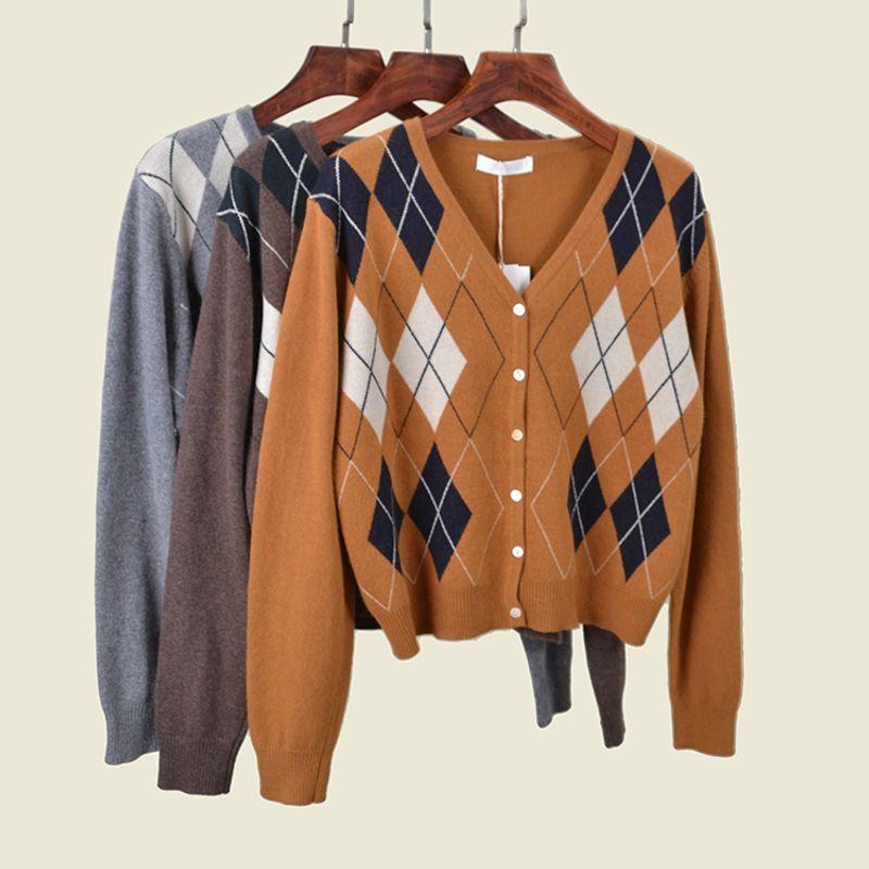 Wool Quilted Retro Color-Block V Neck Single-Breasted Cardigan