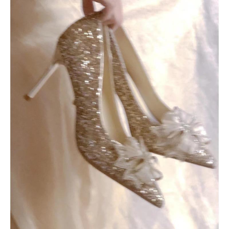Golden rhinestone wedding shoes autumn new pointed stiletto sequins bow high heels women