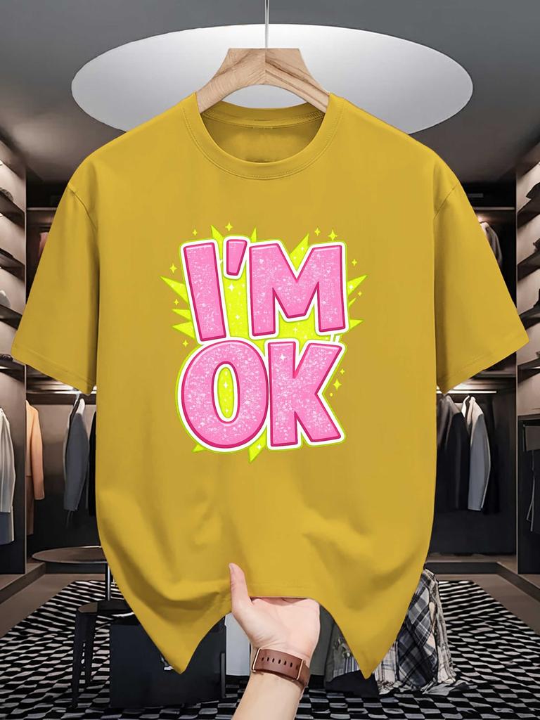 Unisex Cotton Tee I M Ok Letter Graffiti Text Graphic Print Loose Breathable Summer Crew Neck Casual Street T Shirt Unisex Daily Wear