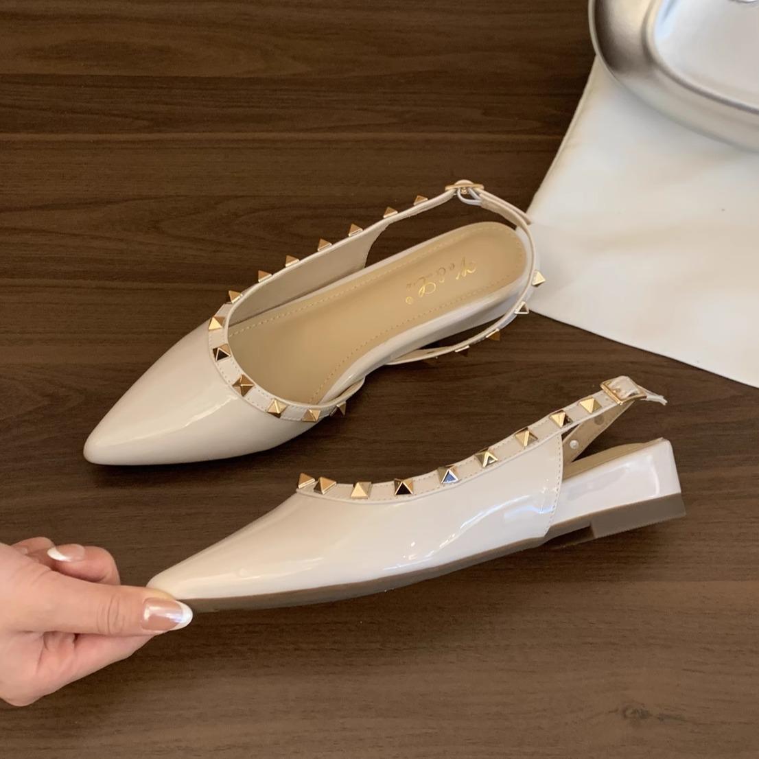 

French temperament pointed head nude rivets thick-soled wedge heel single shoes women s 2025 new patent leather bag head sandals women s summer 39