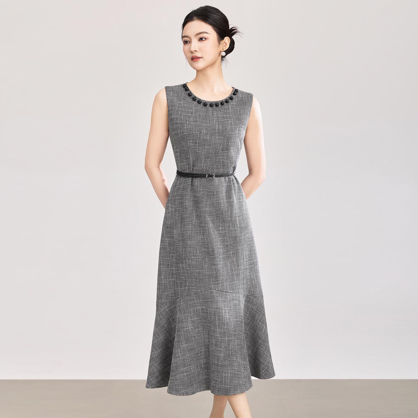 

French Commute Elegant Beaded Waist-cinching Fishtail Skirt Dress for Women - Spring/Summer Socialite Style Medium серый