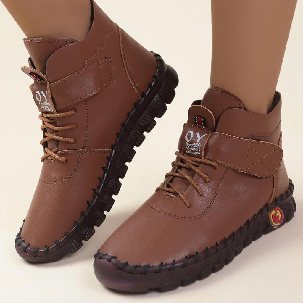 Botines de Invierno Forrados de Felpa para Mujer - Con Cordones, Punta Redonda, Cierre de Velcro, Tallas Grandes