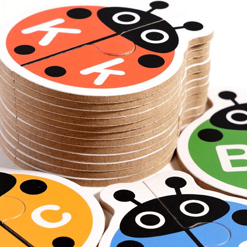 Wooden Ladybug Alphabet Matching Puzzle Double Sided Cards Words Letters Learning Toy Interactive Tabletop Game