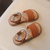 Girls Sandals 2-12 Years Old Beige Open Toe Pearl Flat Girls Single Shoes Summer New Brown Children's Fashion Sandals Kids Shoes