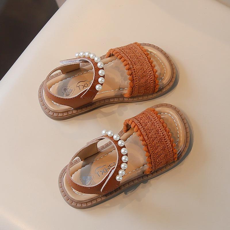 Girls Sandals 2-12 Years Old Beige Open Toe Pearl Flat Girls Single Shoes Summer New Brown Children's Fashion Sandals Kids Shoes