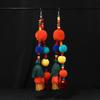 Niche personality color pom-pom earrings women's retro exaggerated bohemian vacation long fringed earrings