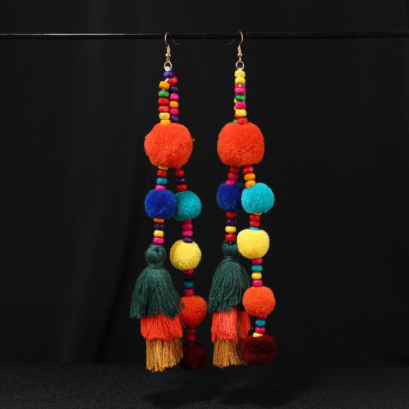 Niche personality color pom-pom earrings women's retro exaggerated bohemian vacation long fringed earrings