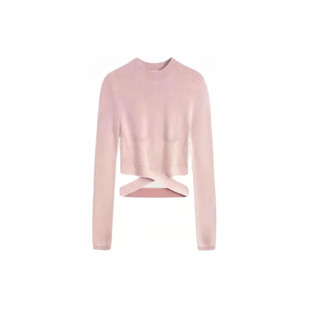 Calvin Klein Solid Color Round Neck Embroidered Hollow Knit Sweater Women sweater Shell-Pink J222945