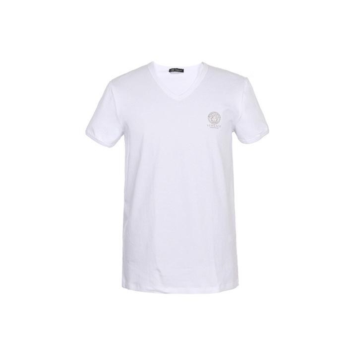 Versace Eenvoudig Logo Print V-hals Korte Mouw T-shirt Heren Tops Wit AUU01004-A232741-A1001 XXL