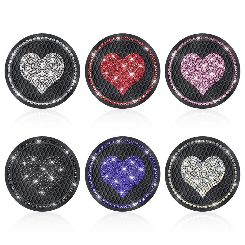 Colorful Heart Rhinestone Non-slip Car Cup Holder Mat - Decorative Interior Coaster