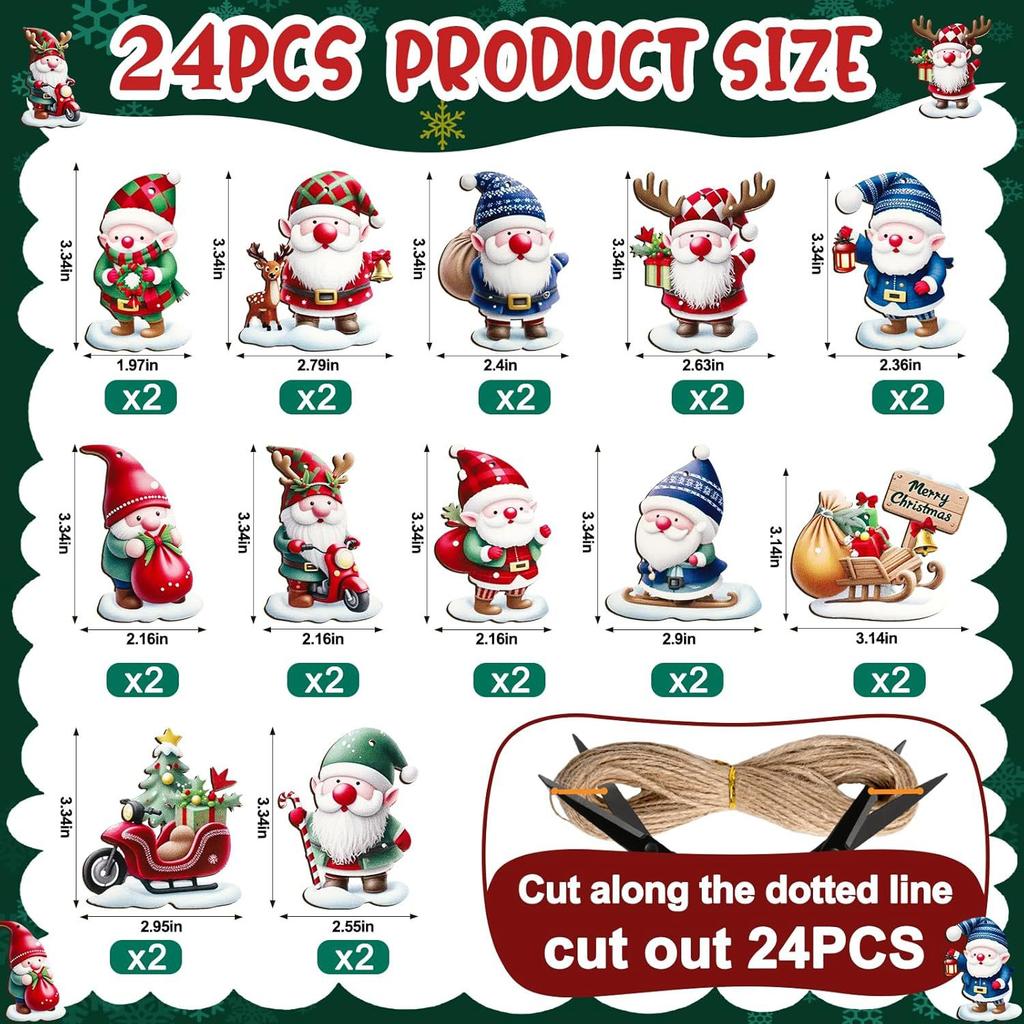 12/24pcs/set New Creative Wooden Christmas Dwarf Gnome Decoration Small Hanging Christmas Tree Decoration Wooden Plaque Set