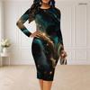 Women Plus Size Round Neck Long Sleeve Black Teal Gold Printed Bodycon Midi Dress