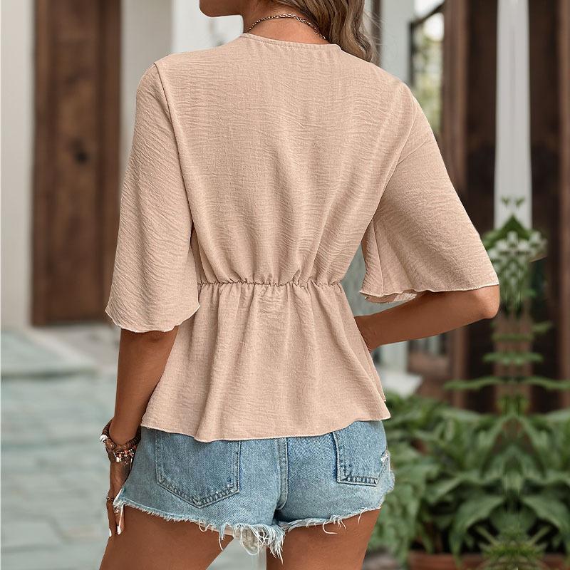 VEZFAA Women's Fashion Casual Summer Spring Solid Color Print Short Sleeve V-Neck Blouses & Shirts
