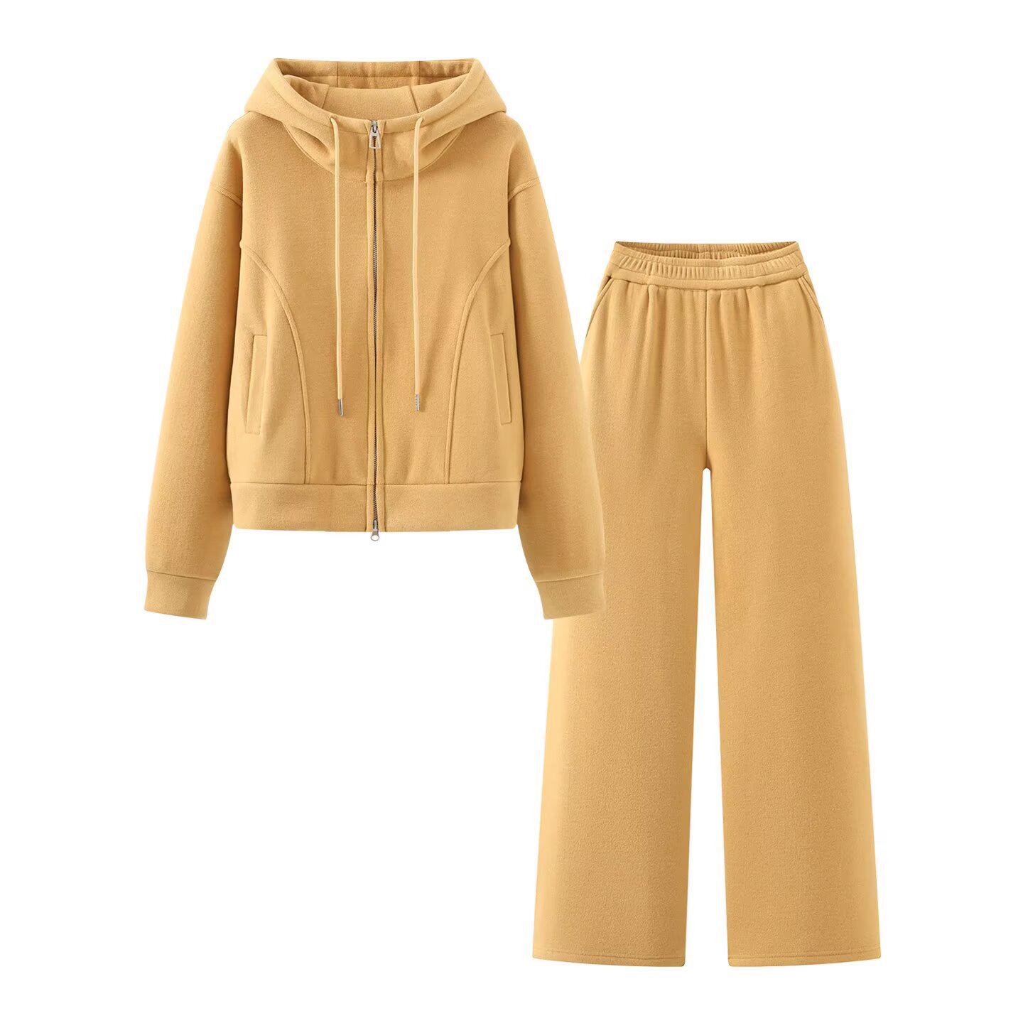 

Women s European & American Style Fall/Winter Fashion: Double-Sided Fabric Hoodie + Pants Set. One Size жёлтый