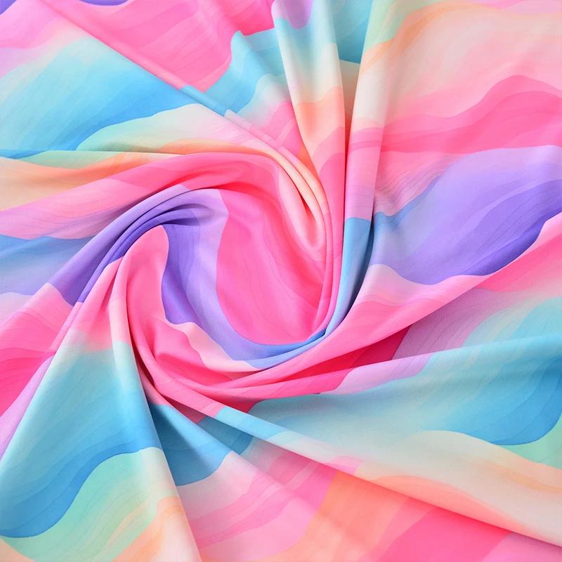160X100Cm Colorful Rainbow Cloud Print Satin Fabric Diy Clothing Handmade Doll Dressmaking Plain Weave Fabric for Craft Sewing
