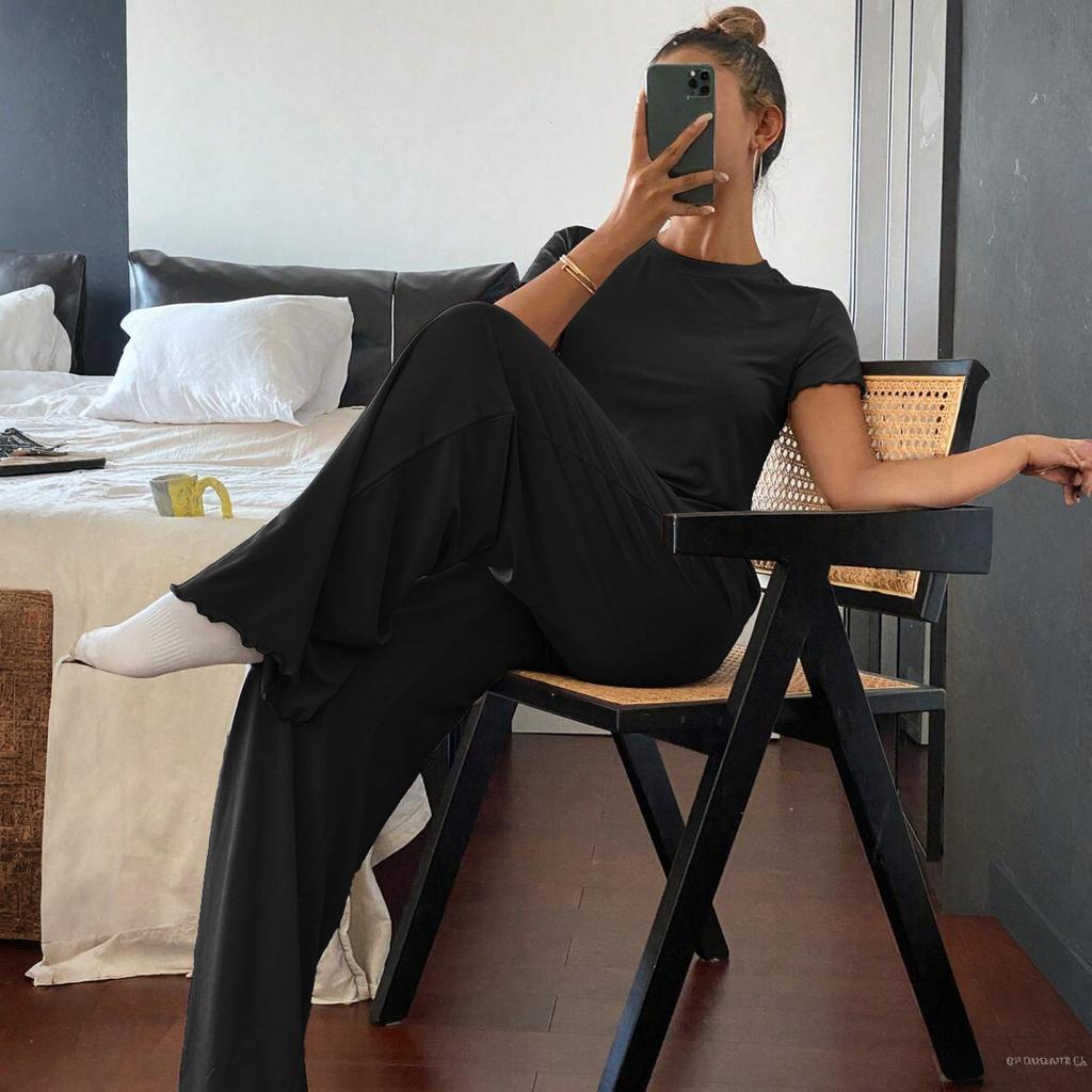 Women's Fall Two Piece  Outfits Long Sleeve Tops Tee Shirts Wide Leg Pants Sets