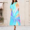 Women Plus Size Keyhole Crew Neck Three Quarter Sleeve Abstract Print Black Gold Maxi Dress