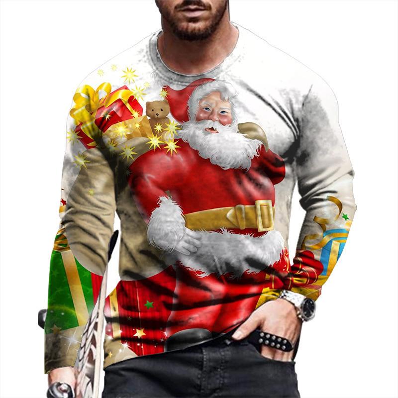 Round Neck 3D Christmas Pattern Top Casual Long Sleeved Men's T-shirts - Soft Medium Stretch Polyester Fabric Spring and Autumn Relaxed Fit Clothing