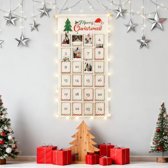 Christmas Picture Countdown Board Photo Advent Calendar with Christmas Clips Reusable Photo Display Collage Board with LED Light for Festival Memory