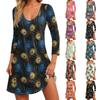 Women's Fashion Casual V-Neck Feather Pattern Print Pocket Three-quarter Sleeve Dress