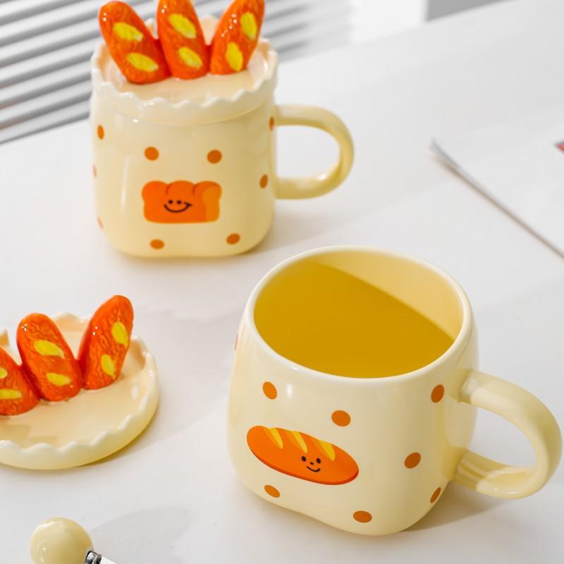 Japanese Creative Ceramic Mug Bread Bag Cup Couple Cup Water Cup with Lid Spoon Coffee Cup Breakfast Milk Cup