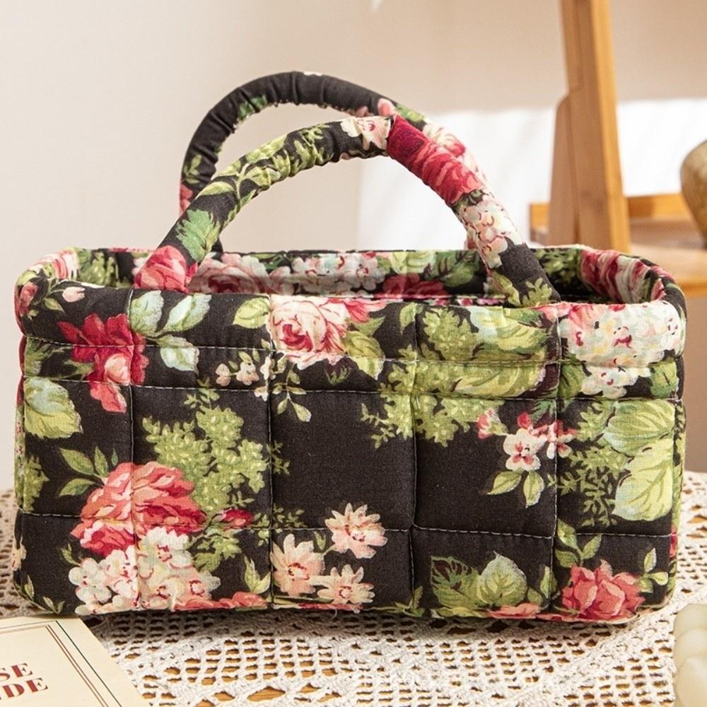Floral Pattern Bento Handbags Patchwork Design Foldable Shopper Bag Portable Cotton Material Cosmetic Bag Home Textile Storage