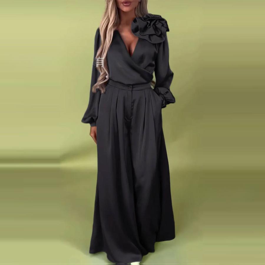 Ensemble Pantalon Large à Jambes Larges et Haut Élégant de Luxe à Manches Longues et Décolleté en V pour Femmes au Printemps