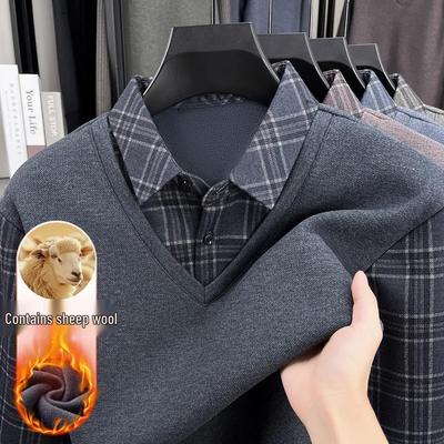 Men's Wool Knitwear, Autumn/Winter Plush Shirt with Dad Collar, Warm Base Layer