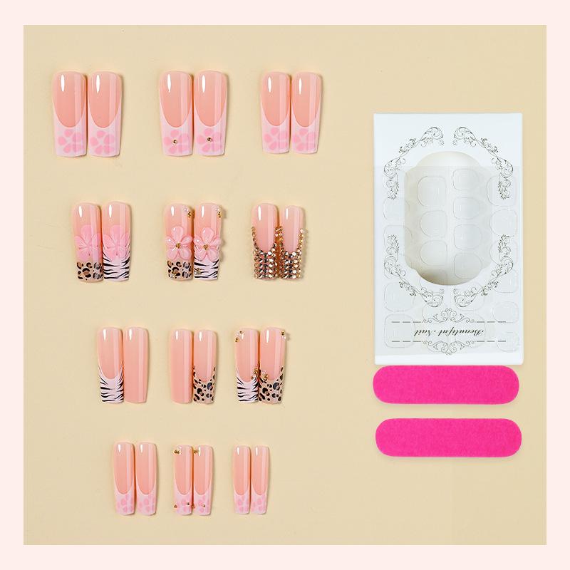 Cross-border Manicure Wearing Nail European and American Long Leopard Print French Wholesale Pink Fake Nail Bow Removable Explosion