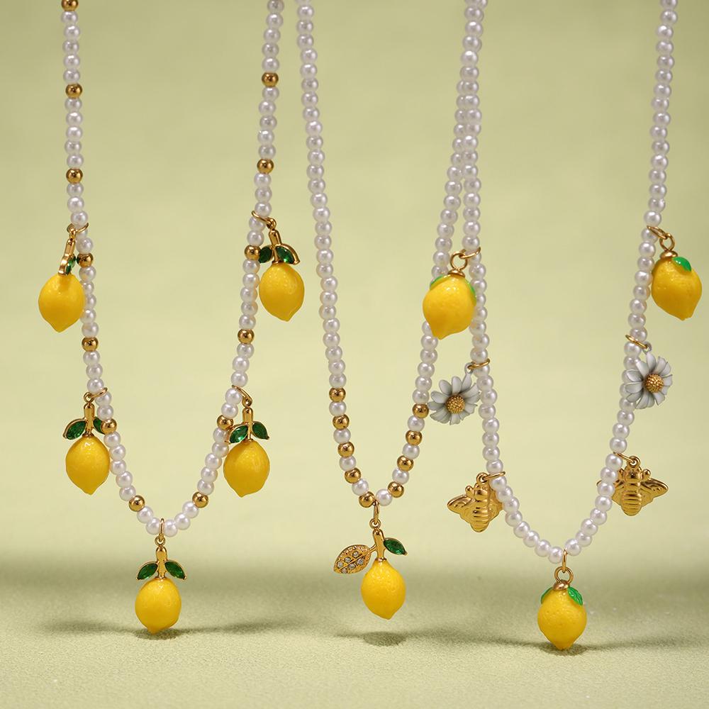Nivora Resin Fruit Lemon Pendant Necklace For Women Imitation Zircon Stainless Steel Zircon Handmade Strand Beads Choker Zircon
