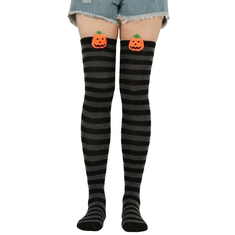 Women Halloween Over Knee Long Socks Cute 3D Wicked Evil Pumpkin Striped Print Thigh High Stockings Holiday Hosiery