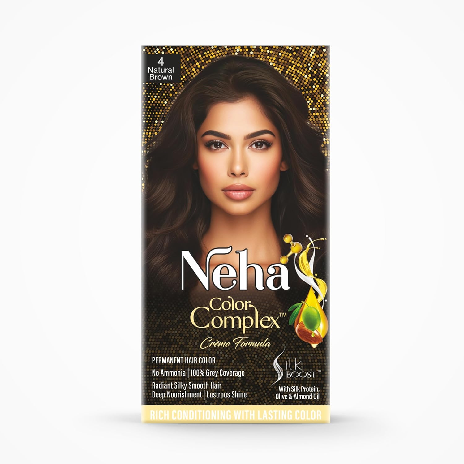 Neha Color Complex Permanent Hair Colour, Natural Brown, Colorant 60ml+ Developer 60g, Conditioner Sachet (6ml X 2)
