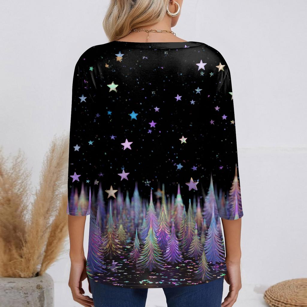 3/4 Sleeve Shirts For Women Print Christmas Tees Blouses Casual Plus Size Basic Tops Pullover