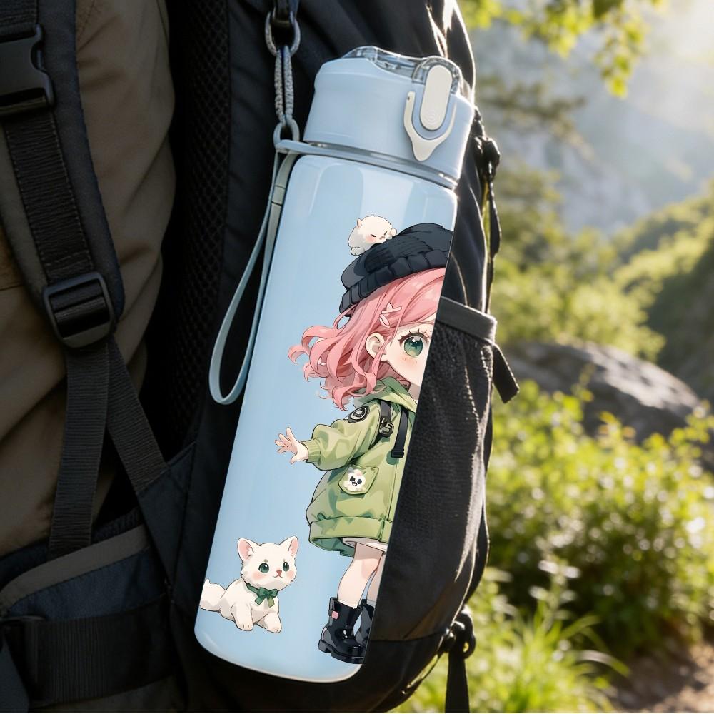 1PC Pink Hair Girl Green Raincoat Pattern 750ml Color Plastic Sports Water Bottle Leakproof Flip Straw Lid Suitable for Sports Office Home Use