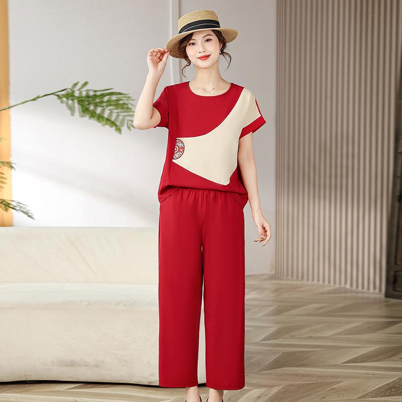 

Summer Fashion Set: Short Sleeve Round Neck Top & Pants Two-Piece Outfit for Middle-Aged Women 5XL (160-175 Jin) красный